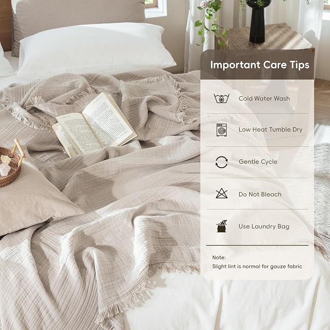 MooMee Muslin Blanket - 100% Cotton 4-Layer Gauze Throw Blanket with All-Around Fringe, Soft Breathable Lightweight Cooling Summer Blankets for Bed Couch (Cream Grey,King 104" x 90")