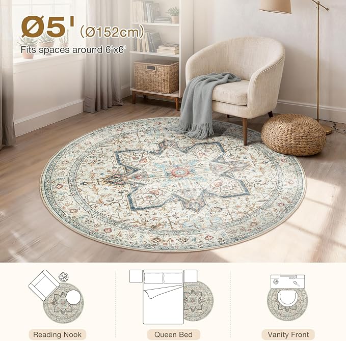 Tortania 5' Round Area Rug Living Room Rugs - Washable Boho Rug Vintage Oriental Distressed Farmhouse Large Thin Indoor Carpet for Bedroom Under Dining Table Home Office - Aqua Multi