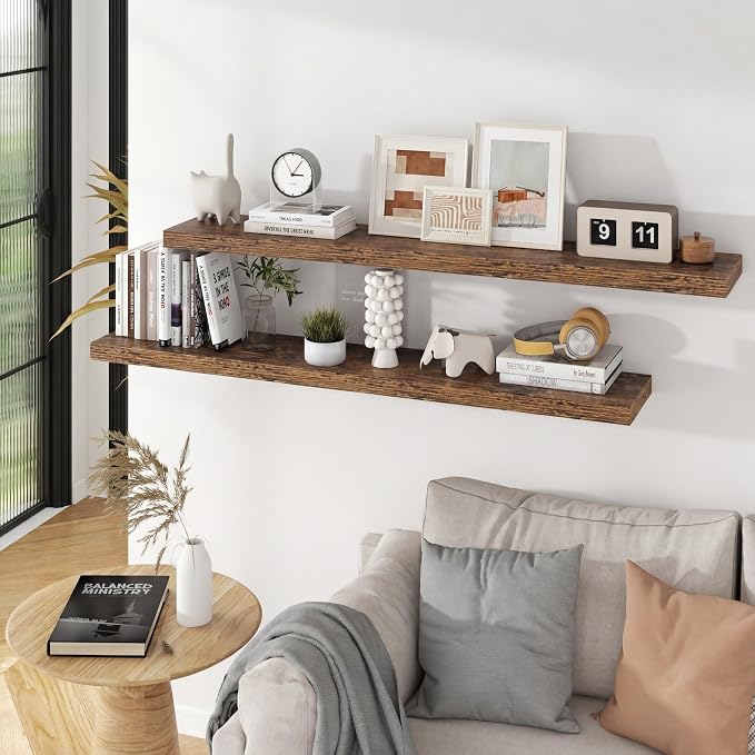 55 inch Floating Shelves for Wall, 9.3in Deep Rustic Shelves Wall Mounted Floating Shelf, Extra Long Wall Shelf for Living Room, Kitchen, Office, Floating TV Stand, 2 Packs