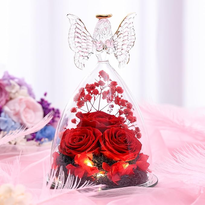 Mothers Day Rose Gifts for Women Preserved Real Flower in Glass Angel Figurines Roses for Delivery Prime Birthday Gifts for Mom Grandma Girlfriend Wife Her - Red