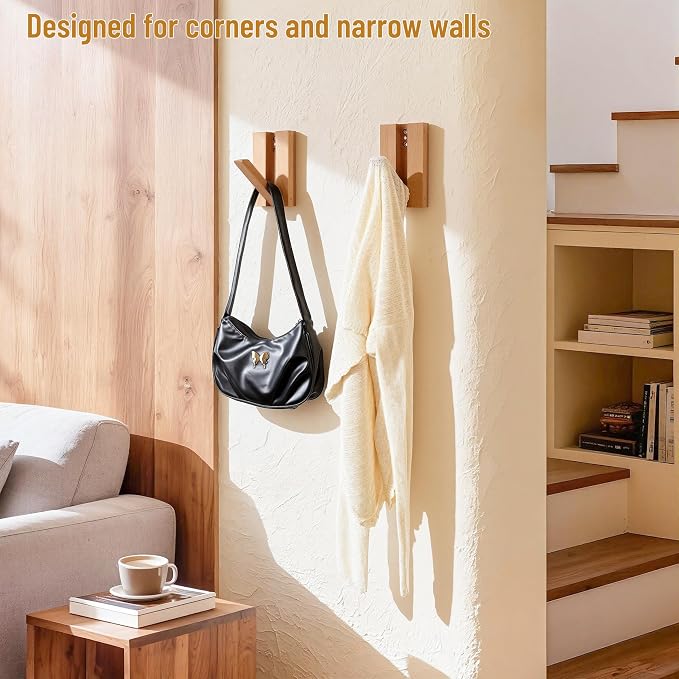 Wall Hooks for Small Space: Foldable Wooden Natural Coat Hooks 2Pack for Limited Spaces Side Walls Closet Corner - Modern Minimalist Decor Hanger for Hanging Towels Backpack Bags Coats