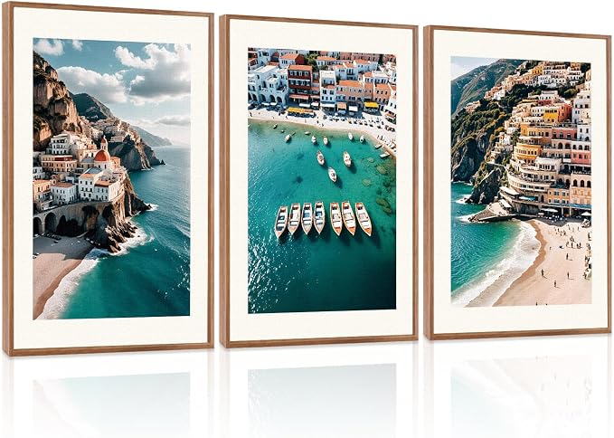 LHIUEM Italy Amalfi Coastal Framed Canvas Wall Art,Summer Positano Sea Wall Decor,Modern Blue Ocean Painting,Nature Beach Photography Artwork for Living Room,Bedroom,Dining Room -16"x24"x3