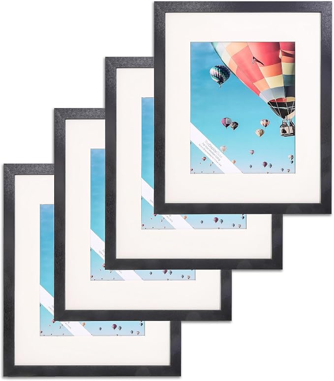 The Display Guys - Black Wooden Minimalist Picture Frames Set - Tempered Glass - 16x20 matted to 11x14 - Wall Hanging - 4-Pack