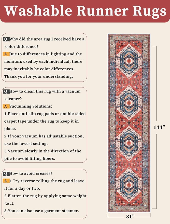 SERISSA Runner Rug for Hallways, 2'6"x12' Washable Non Slip Kitchen Runner Rug, Extra Long Boho Rug Ultra Soft Vintage Rust Print Floor Carpet for Bedroom Hallway Entryway Bathroom Laundry Room