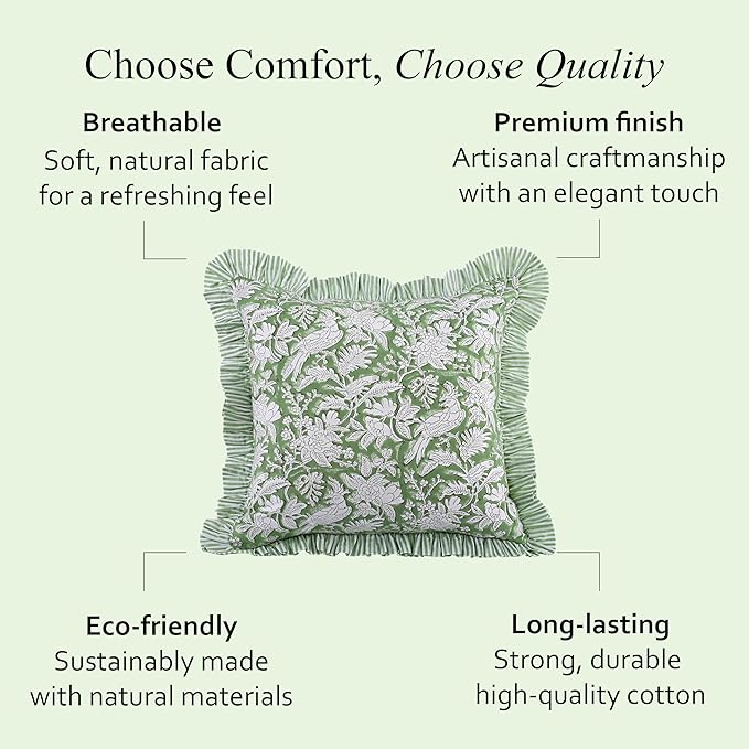 CPC Olive Green Ruffle Throw Pillow Covers for Couch, 20x20 Inch Cotton Stripe Ruffle Couch Pillows for Living Room, Hidden 16 Inch Zipper Boho Pillow Case or Cute Outdoor Pillows