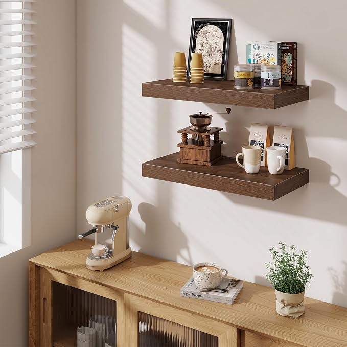 Fun Memories 24 Inch Floating Shelves Wall-Mounted, 12 Inch Deep Wall Shelves, 24 x 12 Floating Shelf, Deep Storage Shelf for Living Room Bathroom Bedroom, Walnut, Set of 2