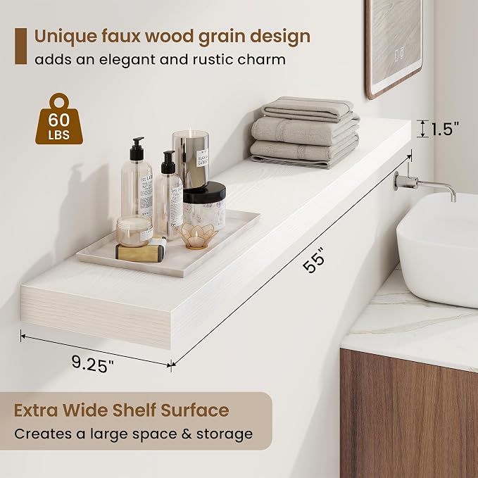 Marsmiles 55in Floating Shelves for Wall, 55" W x 9.25" D x 1.5" H, Long Wall Mounted Engineered Wood Shelves with Invisible Brackets for Living Room, Bedroom, Bathroom, Kitchen, White, 2Pcs