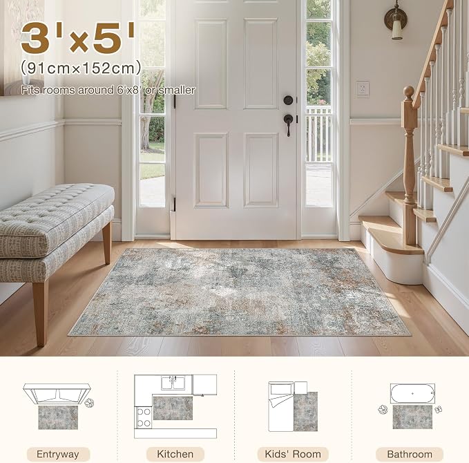Tortania Area Rug Living Room Rugs - 3x5 Washable Soft Neutral Boho Moroccan Farmhouse Mat Indoor Floor Carpet for Bedroom Under Dining Table Home Office Decor - Grey Brown