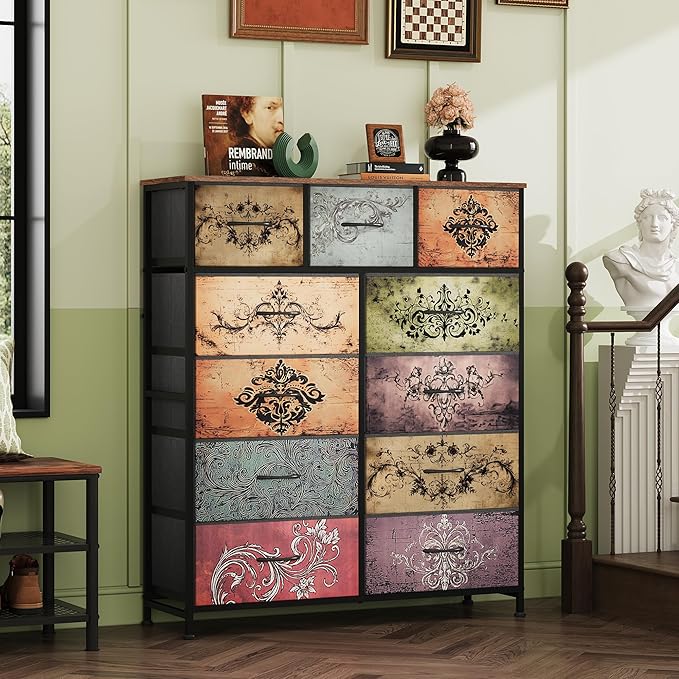 WLIVE Storage Organizer Unit with 11 Fabric Bins, Storage Drawers Organizer with Steel Frame, Tall Storage Tower Organizaton for Living Room, Hallway, Office, Pattern
