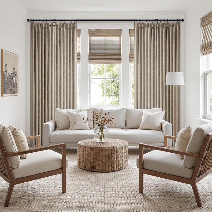 108 inch Pinch Pleated Linen Curtains 2 Panels for Living Room Bedroom Burlap Taupe Burlywood Rustic Farmhouse Back Tab Light Filtering Semi Sheer Memory Trained Pinch Pleat Curtain Drapes for Office