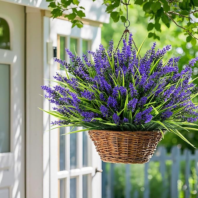 Geegoods Artificial Plants Flowers Outdoor – 48 Bundles UV Resistant Faux Lavender Flowers with Monkey Grass for Garden Porch Window Patio Hanging Planter Decor