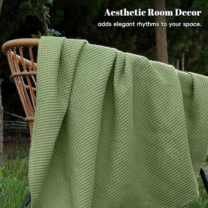 PHF Pre-Washed 100% Cotton Waffle Weave Blanket Queen Size for Bed,Snag Proof Throw Blanket for Couch Spring Summer Lightweight Breathable,Machine Washable, Home Decor Gift - Loden Green