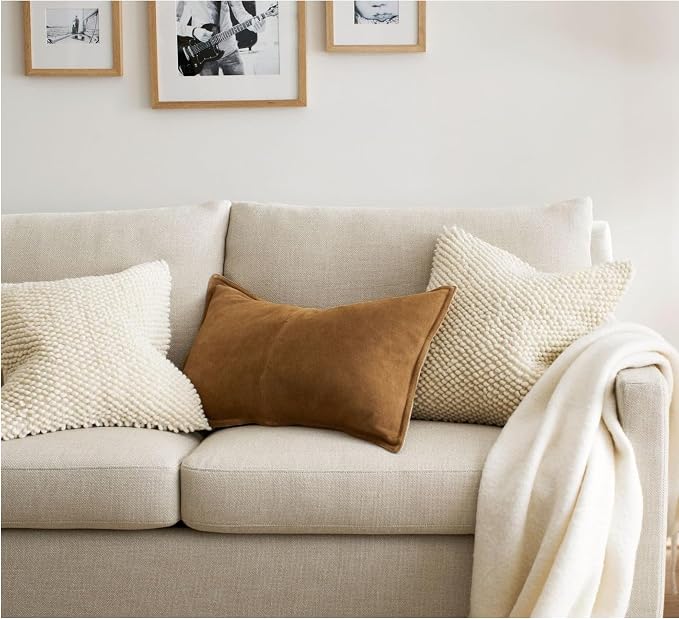 Genuine Leather Pillow Cover Case for Lumbar Throw Couch Pillows – Modern Farmhouse Decorative Sofa Thick & Soft Cushion Cover (Suede Camel, 12" x 20")