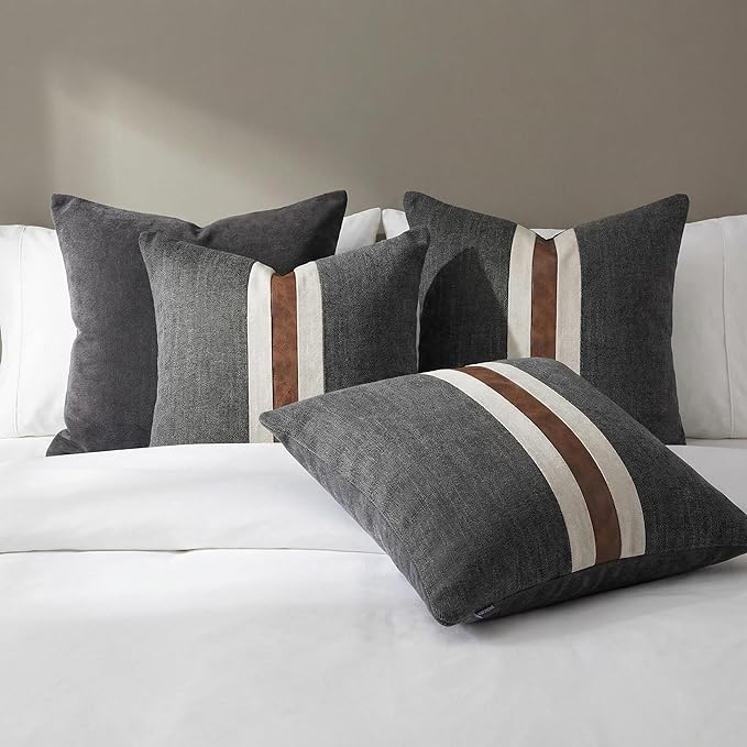 BOYSUM Set of 2 Leather Throw Pillow Covers Cotton Linen Decor Patchwork Pillow Cover Faux Leather Pillows Cover for Couch Sofa Living Room Bedroom,Black 22"x22"