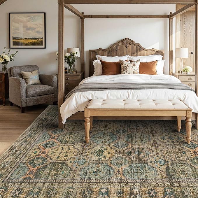 Rugxara 8x10 Area Rugs for Living Room Bedroom, Large Washable Rug, Brown Vintage Retro Boho Rug, Non Slip & Low Pile Faux Wool Thin Carpet for Indoor Dining Room and Kids Room(Brown 8x10ft)