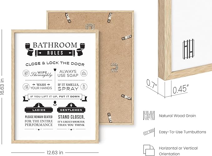 HAUS AND HUES Funny Bathroom Decor & Signs | Toilet Rules Wall Art, Beige Framed Guest Bathroom Humor Poster | 12"x16"