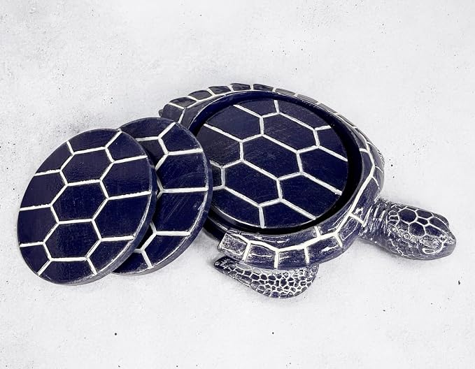 Sea Turtle Coaster Set - Coastal Ocean Beach Decor - Rustic Nautical Navy Blue and White Finish