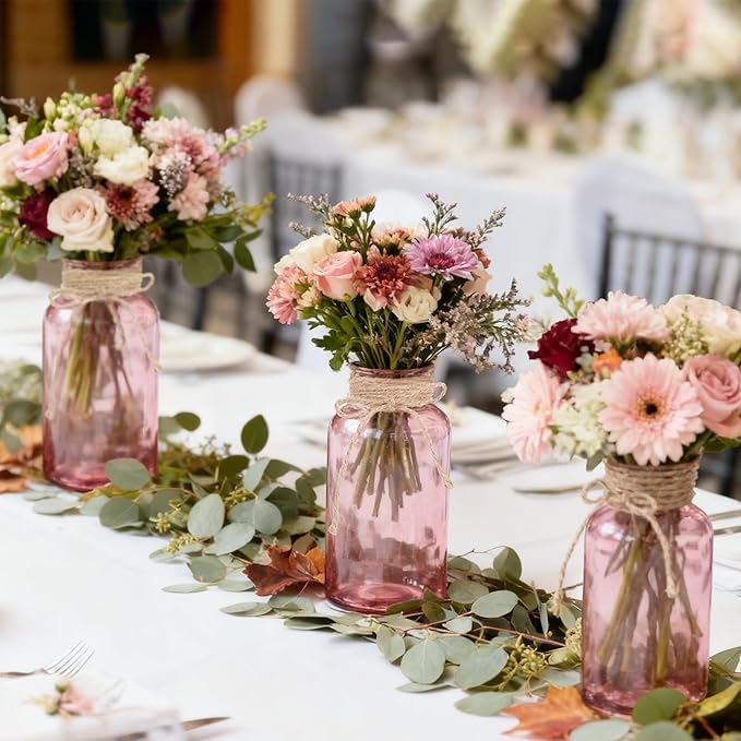 Vintage Glass Flower Vase, Farmhouse Glass Centerpiece Vases Mason Jars for Weddings, Parties & Home Decor Bulk (3, Pink)