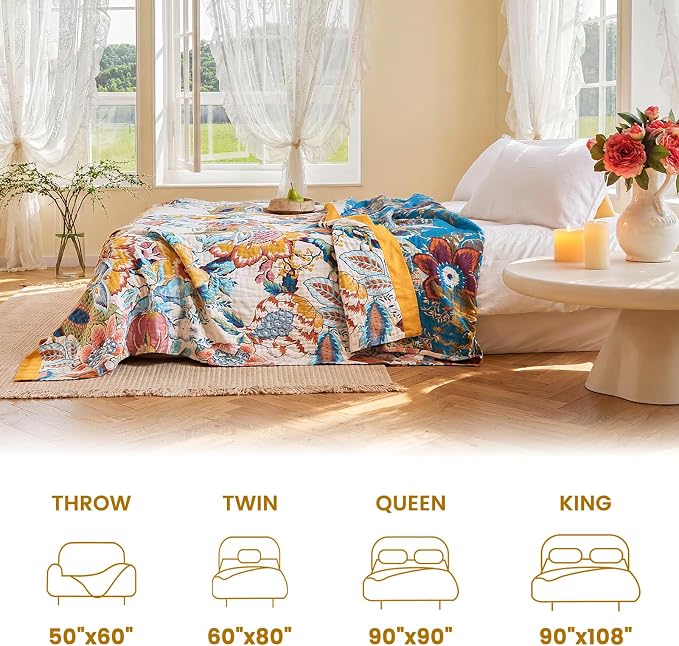 MSGKV Boho Throw Blanket 90"x90" Floral Cotton Blanket for Bed Summer Breathable Lightweight Farmhouse Queen Blankets Home Decor Muslin All Seasons