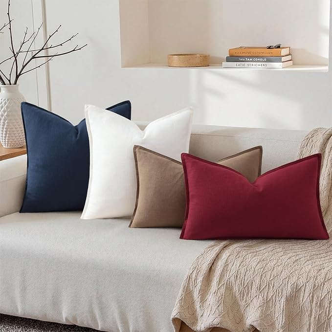 decorUhome Summer Decorative Linen Throw Pillow Covers 12x20 Inch Set of 2 Light Brown Lumbar Pillow Covers with Flange Edges Soft Farmhouse Boho Accent Pillow Cases for Couch Bed Living Room