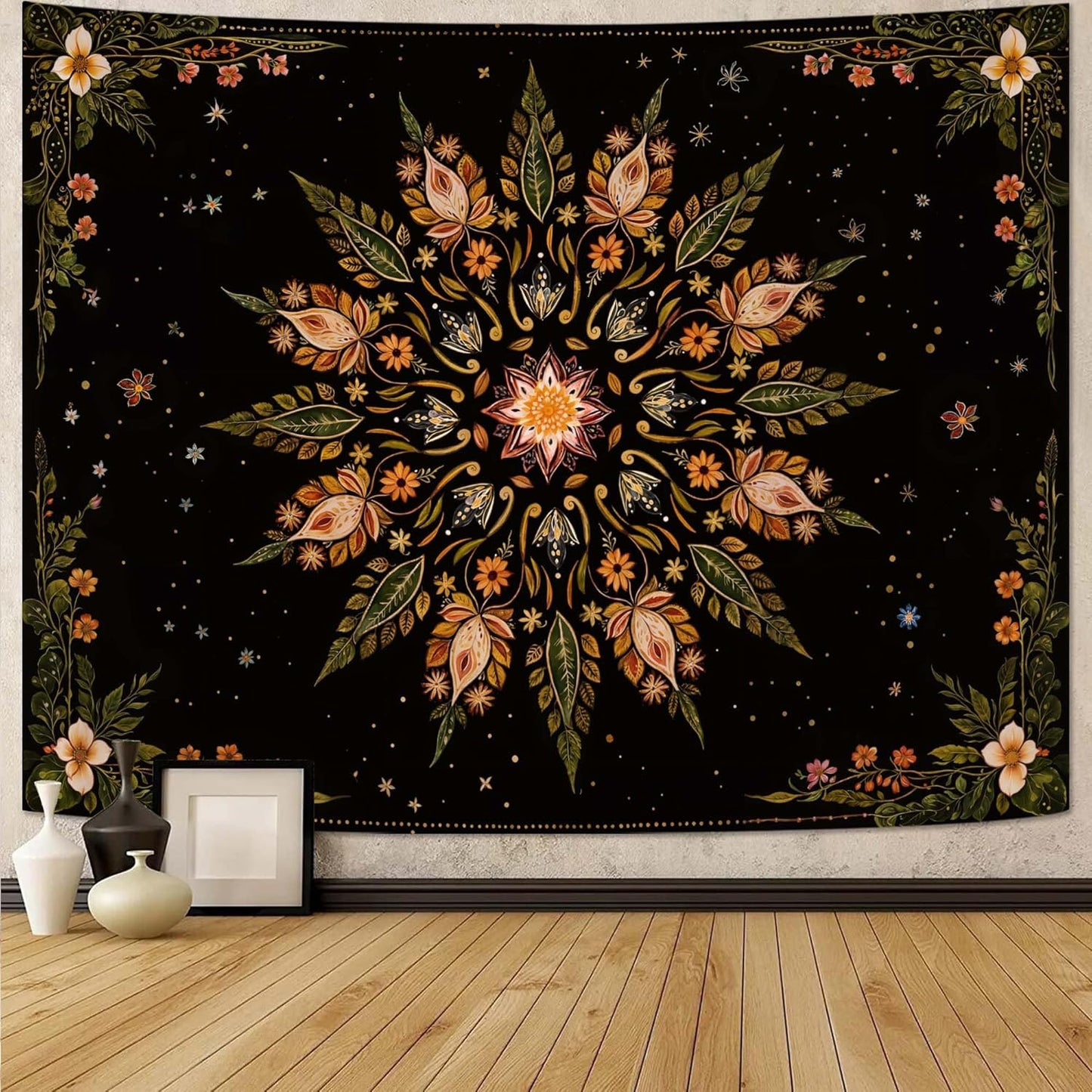 Fowocu Boho Floral Mandala Tapestry for Bedroom Aesthetic Vintage Bohemian Flower Wall Tapestry Black Green Hippie Indian Extra Large Tapestries Wall Hanging for Living Room Dorm Decor 90 x 68 Inch