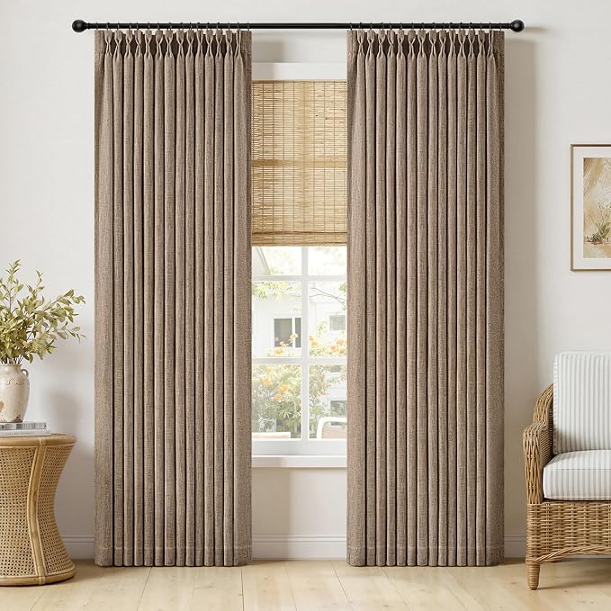 MIULEE Pinch Pleated Thick Linen Curtains 84 Inches Long 2 Panels for Living Room Bedroom, Memory Trained Pleat Drapes Back Tab Light Filtering Country Farmhouse Brown Burlap Curtains with Hooks&Rings