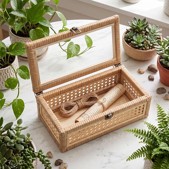 Yalikop 3 Pcs Large Rattan Display Box with Glass Lid Set, Handwoven Boho Rectangular Storage Box, Memory Wicker Jewelry Boxes, Natural Decorative Bin, Multipurpose Shelf Baskets for Home Organization
