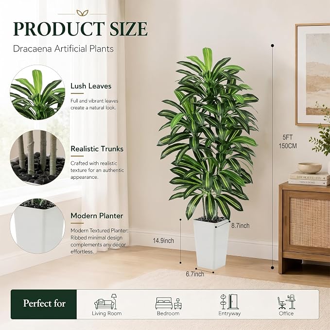 Artificial Dracaena Tree - 5FT Tall Fake Plants with White Tall Planter - Artificial Plants Indoor Floor Plant in Pot - Large Tropical Fake Yucca Potted Tree for Home Office Living Room Decor