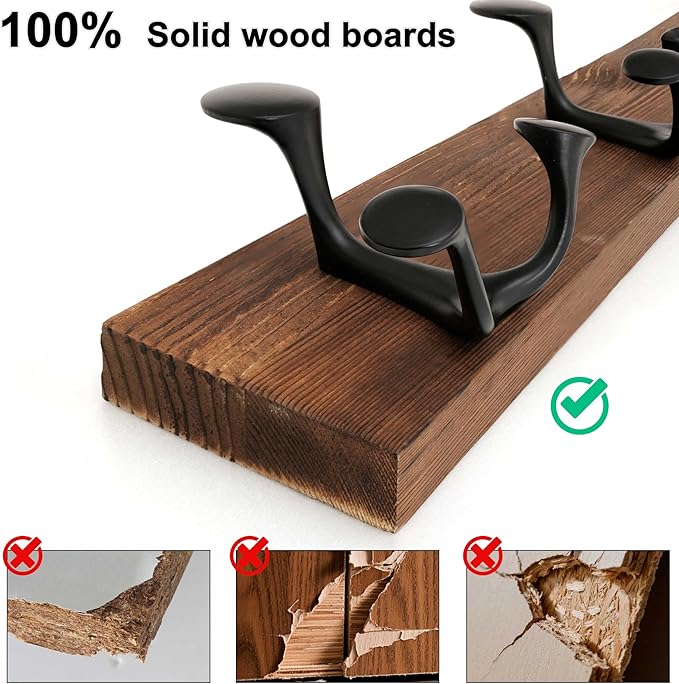 WEBI Coat Rack Wall Mount,24" Solid Wood Coat Hooks Wall Mounted Coat Hanger,16" Hole to Hole,Heavy Duty Hook Rack,4 Triple Hooks for Hanging Coats,Jacket,Hat,Backpack,Farmhouse,Brown