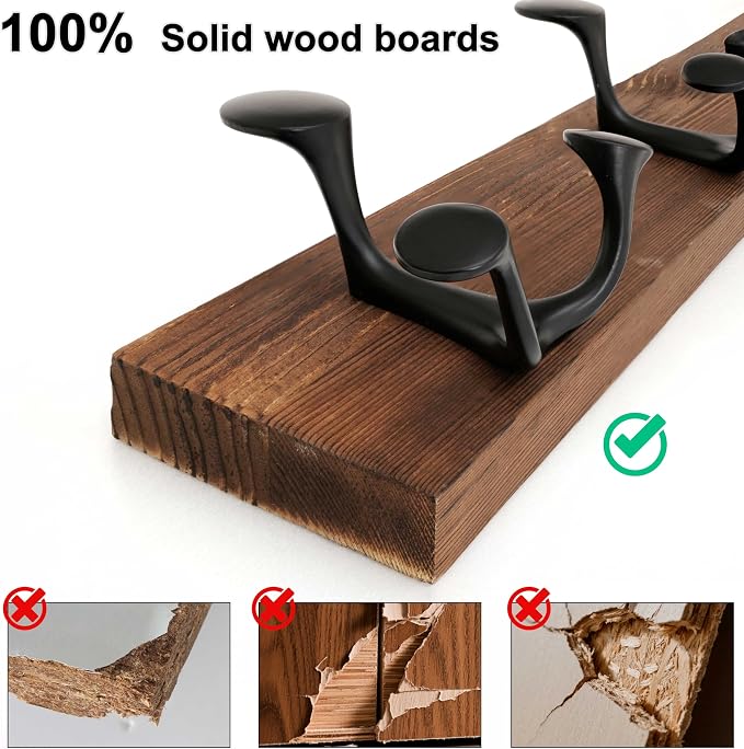 WEBI Coat Rack Wall Mount,30" Solid Wood Coat Hooks Wall Mounted Coat Hanger,16" Hole to Hole,Heavy Duty Hook Rack,5 Triple Hooks for Hanging Coats,Jacket,Hat,Backpack,Farmhouse,Brown,2 Packs