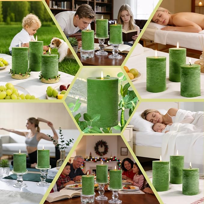 6 Pack Moss Green Soy Pillar Candles, 2.8x4in - 330H Total Burn Time - Rustic Textured Natural Wax - Non-Toxic, Dripless & Smokeless Hand-Poured Candles for Spring Home Decor, Dinner Table, Wedding