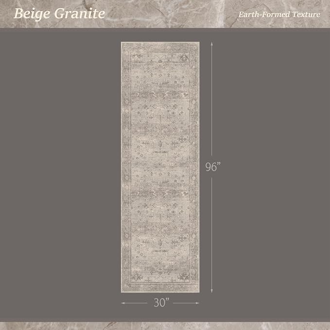 2'6"x8' Washable Hallway Runner Rug with Non Slip Backing, Kitchen Runner, Low Pile Long Area Rug for Entryway, Bathroom, Laundry Room, Vintage Farmhouse Greige Granite Decor