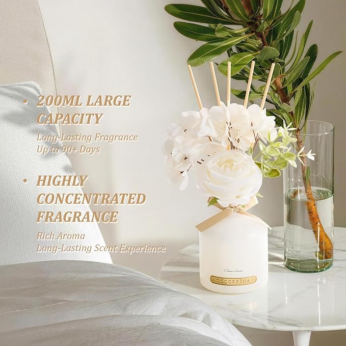 COCORRÍNA Reed Diffuser Set, 6.7oz Flower Reed Diffuser with Sticks, Clean Linen Essential Oil, Long Lasting Home Fragrance for Bathroom, Bedroom & Shelf Decor, Aesthetic Gift for Women