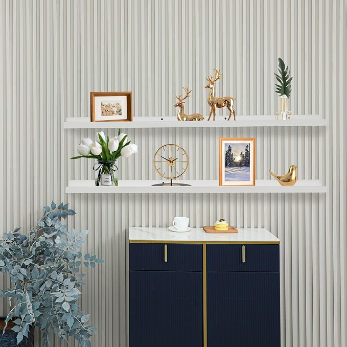 PHOENANCEE Long Floating Shelves for Wall 57 Inch,Real Wood Picture Ledge with Lip Set of 4,Photo Frame Storage Display for Living Room Nursery Bedroom Bathroom Kitchen Home Office Decor (White)
