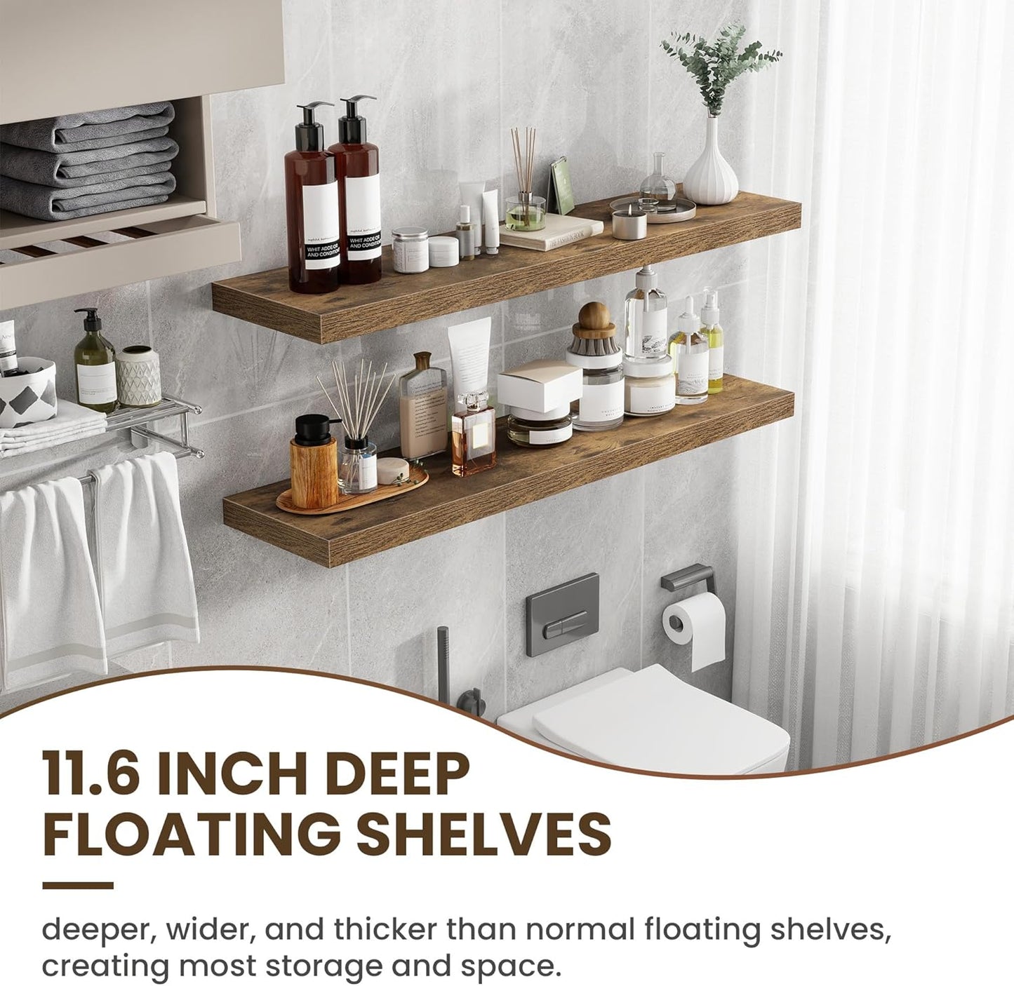 48 Inch Floating Shelves, 12 Inch Deep Floating Shelves for Wall, Floating Shelf with Invisible Brackets, Deep Wall Shelves for Bathroom, Bedroom, Living Room, 1 Pack, Brown