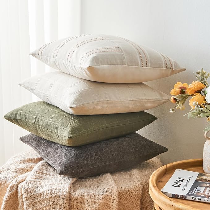 Pack of 4 Throw Pillow Covers 22x22 Inch Chenille Textured Neutral Soft Pillow Covers Solid Decorative Farmhouse Cushion Covers Home Boho Decor for Couch Sofa Bed Living Room