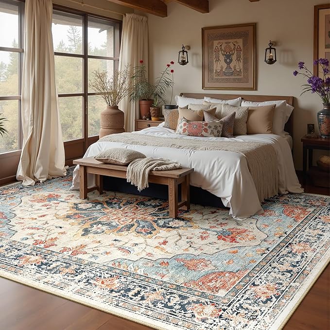 RELEANY Area Rugs 10'x14' Washable Non-Slip, Floral Vintage Distress Print Pattern Medallion Carpet for Living Room Bedroom Dining Room, Beige Navy Blue Orange Colorful