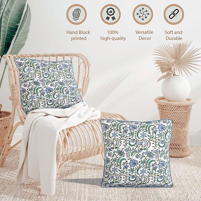Ridhi Block Print Columbia Blue Pillow Cover 20" x 20" (Pack of 2) Decorative Couch Pillows for Living Room, Chic Boho Cute Outdoor Pillows Covers Gifts for Spring, Easter and Valentine