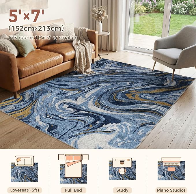 DMOYEST 5x7 Area Rug for Living Room - Washable Neutral Modern Abstract Rugs Soft Non-Slip Carpet Low Pile Indoor Floor Mat for Bedroom & Dining Room Decor for Families with Kids and Pets - Dark Blue