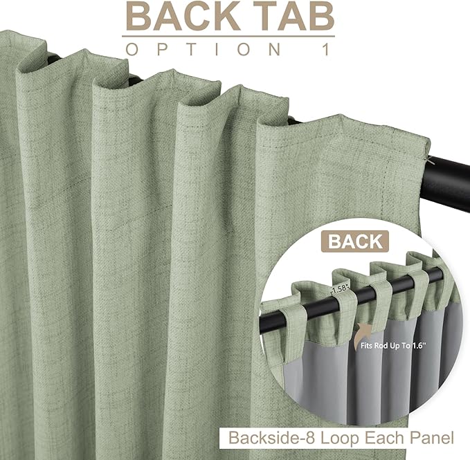 100% Blackout Shield Linen Blackout Curtains for Bedroom 108 Inches Long, Back Tab/Rod Pocket Living Room Drapes, Thermal Insulated Blackout Curtains 2 Panels Set, 50" W x 108" L,Sage Green