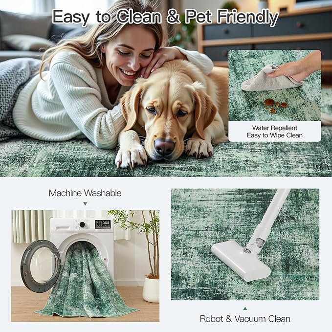 Lofus 5x7 Area Rug for Living Room, Green Abstract Rugs with Non-Slip Backing, Neutral Modern Washable Carpet for Bedroom Dining Room Home Office Nursery Indoor
