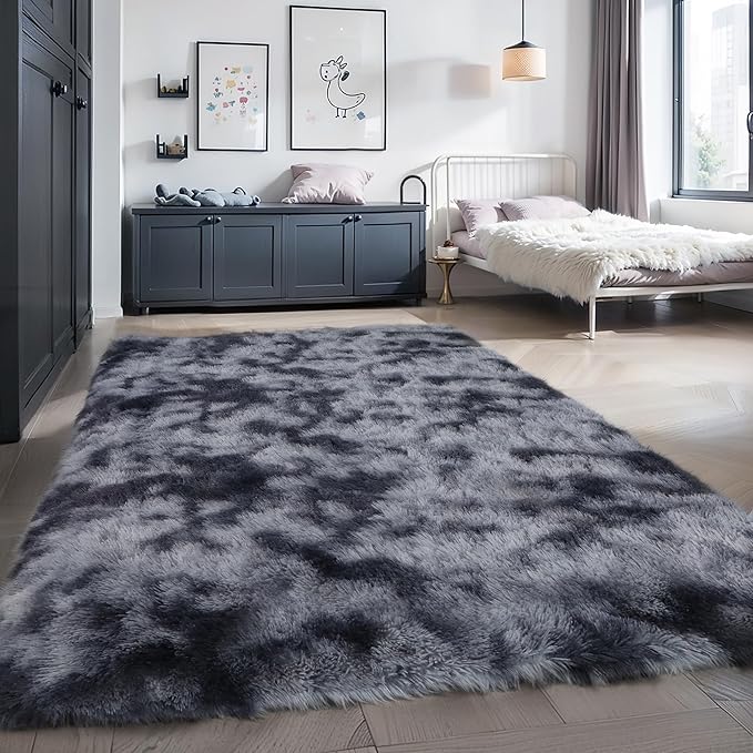 KICHOWUA 6x9 Dark Grey Fluffy Shag Rug for Bedroom Living Room, Ultra Soft Plush Fuzzy Washable Non Slip Floor Cozy Carpet, Modern Comfy Shaggy Large Area Rug for Kids Baby Nursery Dorm, Tie-Dye Gray