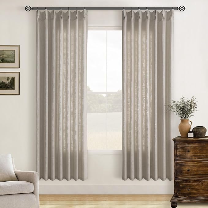TWODRAPES Pinch Pleated Linen Curtains 78 Inches Long for Living Room 2 Panels Set Greyish Beige Flax Double Pleated Drapes Back Tab Farmhouse Cabin 78 Inch Window Curtains Bedroom Burlywood Birch