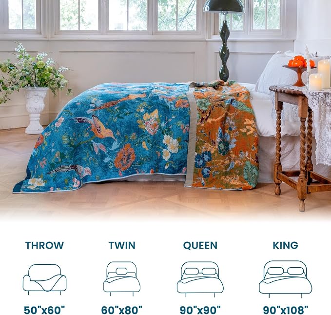 MSGKV Boho Throw Blanket for Couch 50"x60" Cotton Blanket with Floral and Bird Summer Breathable Lightweight Farmhouse Decorative Blankets for Sofa Muslin All Seasons