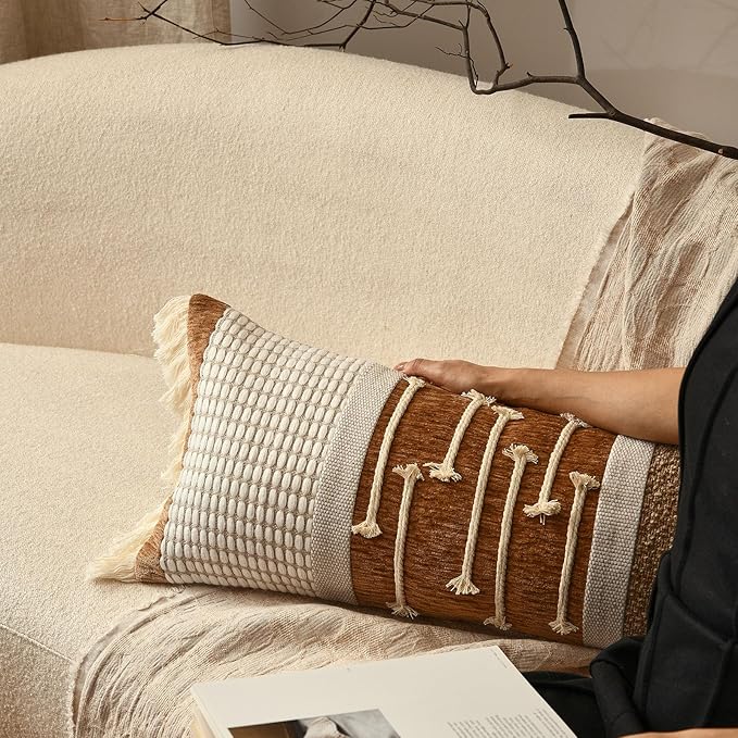 Decorative Lumbar Pillow Cover 12x28, Handwoven Boho Long Body Pillow for Bed Farmhouse Lumbar Throw Pillow, Cotton Linen Tassel Cushion Case for Sofa, Living Room, Bedroom(Light Brown)