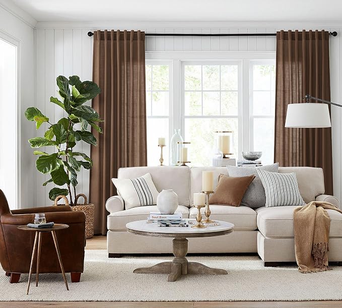 Jowels Caramel Brown Linen Curtains 84 Inch Long 2 Panels for Living Room | Light Filtering Semi Sheer Curtain, Back Tab Pocket Pleated Look, Boho Farmhouse Textured Privacy Drapes for Bedroom Window