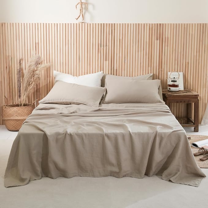 French Linen Pillow Cases - Moisture-Absorbing Linen Pillow Shams, King Size (20''x40''), Khaki
