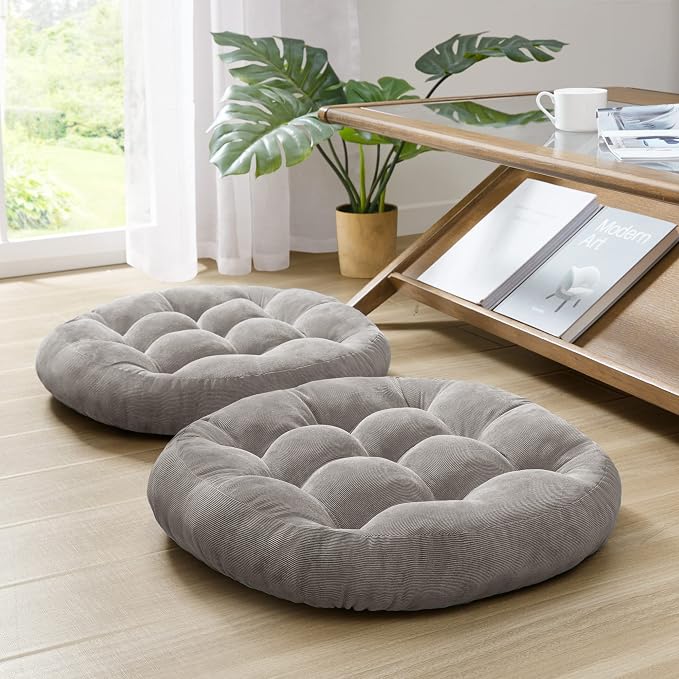 Degrees of Comfort Floor Cushion 6 Pack for Meditation, Home Office & Yoga Studio – Corduroy Soft Seating Set, 22 Inch, High-Density Foam, Round Shape, Grey