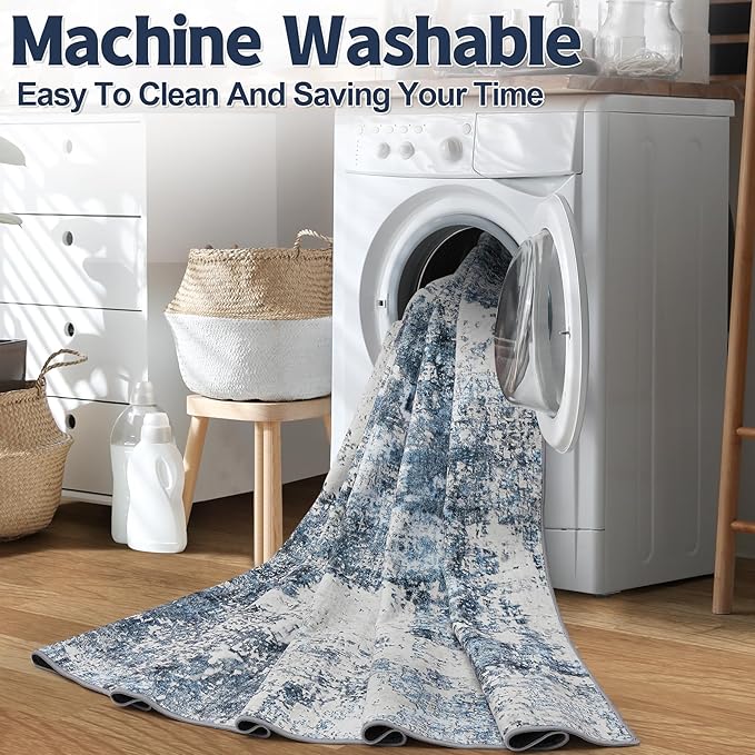 8x10 Area Rug for Living Room Bedroom: Large Washable Rug with Anti-Slip Backing Non-Shedding Stain-Resistant Soft Abstract Carpet for Dining Room Nursery Home Office (Blue)