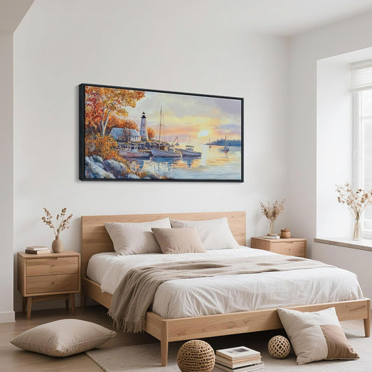 QZQCBLC Harbor Landscape Wall Art, Sunset Over the Sea Homeward-bound Boat Pictures Artwork Large Modern Lighthouse Ocean View Painting Framed for Living room Bedroom kitchen Home Office Decor 24x48 IN